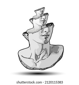 Vector hand drawn illustration of classical sculpture fragment of colossal head with its matrioska multiples coming out from the broken side. Isolated on white background.