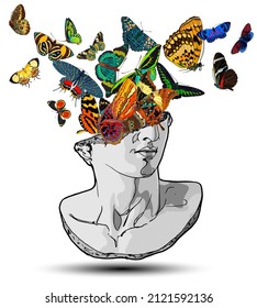 Vector hand drawn illustration of classical sculpture fragment of colossal head with colorful butterflies flying from the broken side. Isolated on white background. 