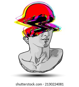 Vector hand drawn illustration of classical sculpture fragment of colossal head with colorful glitched skull coming from the broken side. Isolated on white background.