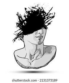 Vector hand drawn illustration of classical sculpture fragment of colossal head with black ink blot coming out of the broken side. Isolated on white background. 