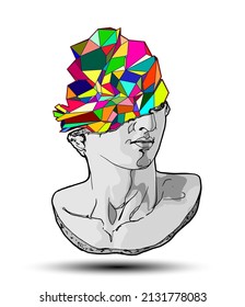 Vector hand drawn illustration of classical sculpture fragment of colossal head with a colorful geometric polygonal shape coming out of the broken side. Isolated on white background. 