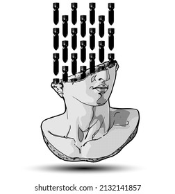Ilustración de escultura clásica de la cabeza colosal con bombas negras cayendo en ella por el lado roto. Aislado sobre fondo blanco.  