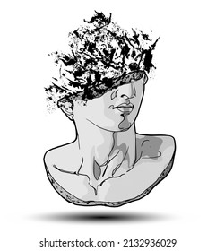 Vector hand drawn illustration of classical sculpture fragment of colossal head with abstract ink blots bursting from the broken side. Isolated on white background. 