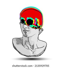 Vector hand drawn illustration of classical sculpture fragment of colossal head with colorful channel offset red skull coming from the broken side. Isolated on white background.	