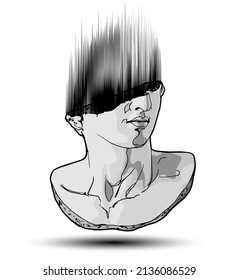 Vector hand drawn illustration of classical sculpture fragment of colossal head with spiky lines bursting from the broken side. Isolated on white background.	
