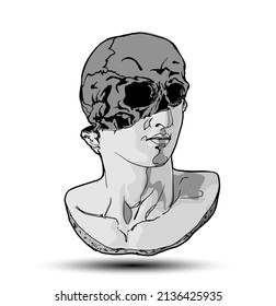 Vector hand drawn illustration of classical sculpture fragment of colossal head with dark skull coming from the broken side. Isolated on white background.