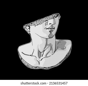 Vector hand drawn illustration of classical sculpture fragment of colossal head. Isolated on black background.	