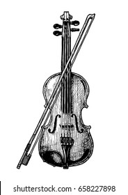 Vector hand drawn illustration of classical acoustic violin with bow in vintage engraved style. isolated on white background.