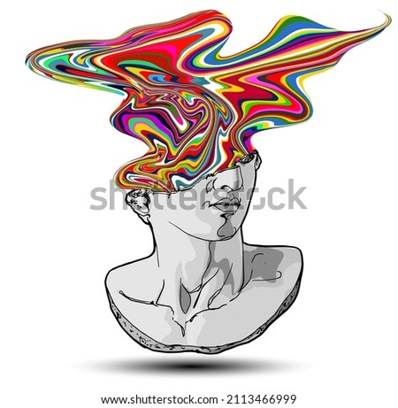 Vector hand drawn illustration of classical sculpture fragment of colossal head with psychedelic colorful lines flowing from the broken side. Isolated on white background. 