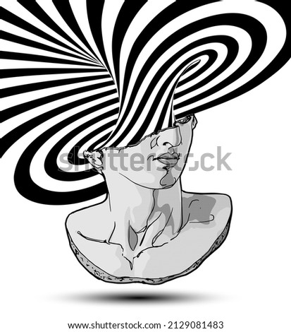 Vector hand drawn illustration of classical sculpture fragment of colossal head with swirling striped torus bursting from the broken side. Isolated on white background.