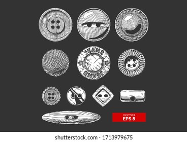 Ilustración vectorial de los botones de ropa colocados en estilo vintage grabado. Shank, plano o coser, botón jeans y otros. aislado sobre fondo negro. 