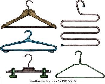 Vector hand drawn illustration of clothes coat-hanger set in vintage engraved style. Wooden, plastic and wire coathangers, clamp for the hanging of trousers, 5-level coat hanger. isolated on white