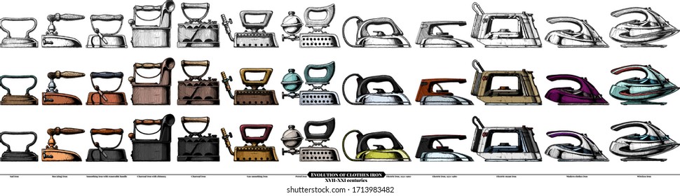 Vector hand drawn illustration of clothes iron evolution set. XVII-XXI centuries. Side view. Vintage engraved style