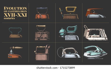 Vector hand drawn illustration of clothes iron evolution set. XVII-XXI centuries. Side view. Vintage engraved style. isolated on black background.