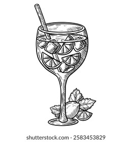 Vector hand drawn illustration of cocktail glass, drink, restaurant, bar