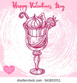 Vector hand drawn illustration of cocktail in goblet,strawberry,whipped cream,text Happy Valentines Day on background with paper texture. beverage sketch.Art in vintage style for design.