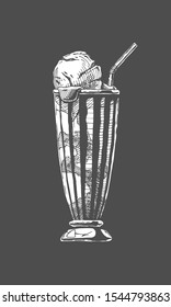 Vector hand drawn illustration of coffee served with ice cream in vintage engraved style.