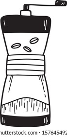Vector hand drawn illustration of coffee grinder. Flat cartoon style, isolated on white background. For print, menu, cafe, restaurant, market. 