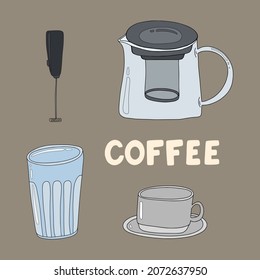 Conjunto de café con ilustraciones dibujadas a mano por vectores