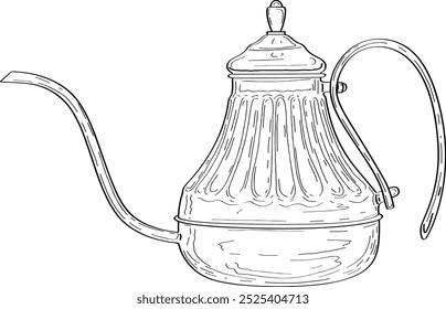 Vector dibujado a mano ilustración de la herramienta de hacer café. Olla, hervidor de agua. Pausa para el café. Croquis de arte de línea de cafetería de moda. 