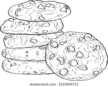 Vector hand drawn illustration of Coffee break sweets. Chocolate biscuits, cookies. Trendy café line art sketch. 
