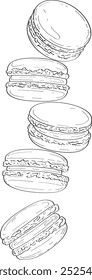 Ilustração desenhada à mão do vetor de doces de quebra de café. Biscoitos Macaron. Na moda café linha arte esboço. 