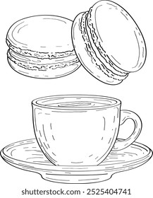 Vector dibujado a mano ilustración de Elementos de Coffee break. Taza de café o té, galleta Macaron. Croquis de arte de línea de cafetería de moda. 