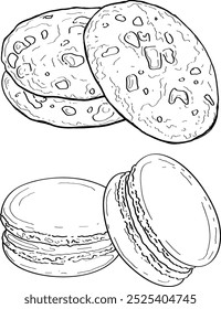 Vector hand drawn illustration of Coffee break sweets. Chocolate biscuits and Macaron cookies. Trendy café line art sketch. 