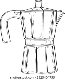 Vector dibujado a mano ilustración de la herramienta de hacer café. Olla, hervidor de agua. Pausa para el café. Croquis de arte de línea de cafetería de moda. 