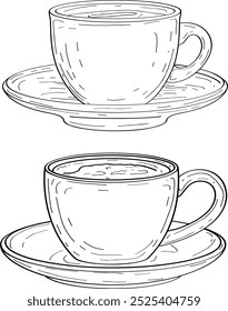 Vector dibujado a mano ilustración de Elementos de Coffee break. Jardín, hojas y ramas. Croquis de arte de línea de cafetería de moda. 
