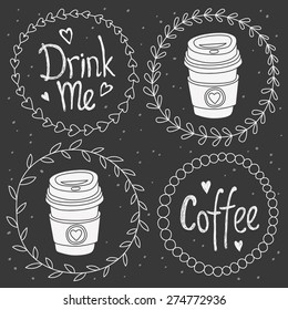 Vector hand drawn illustration of coffee to go paper cups, outline wreaths and lettering. Drink me, hearts, dots. Cute elements good for card, cafe menu design, display window, web page background.