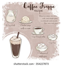 vector hand drawn illustration of coffee frappe recipe with list of ingredients