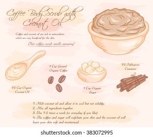 vector hand drawn illustration of coffee scrub with coconut oil recipe.