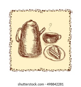 Vector hand drawn illustration for a coffee time decorated with floral frame on a light background. Decoration of different printed production, design element, book and magazine cover and image.