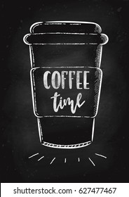 Vector hand drawn illustration. A coffee Cup is drawn on the chalk Board. The idea for a cafe, restaurant, poster.