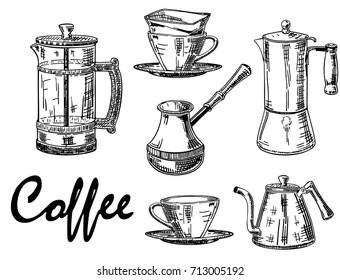 Vector hand drawn illustration of coffee mugs, coffee pots and coffee makers. Coffee vintage design elements for restaurant or cafe menu, poster, banner.