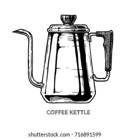 Vector hand drawn illustration of coffee kettle in vintage engraved style. isolated on white.