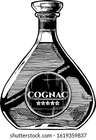 Vector hand drawn illustration of Cognac bottle. Isolated on white background