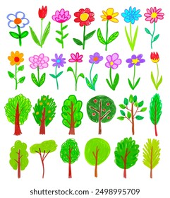 Vector hand drawn illustration collection of child drawing of flowers and trees