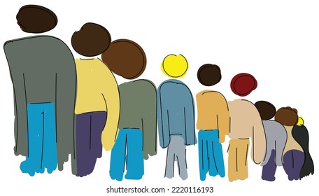 Vector hand drawn illustration. Color concept. Minimalist style, simple theme. People standing in line. People in a crowd, different clothes, backs turned. Queue, people, hand drawing.