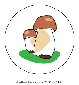 Vector hand drawn illustration of colored mushrooms on a plate in cartoon style. Porcini mushroom for decorating dishes, fabrics and household items.