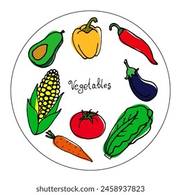 Vector dibujado a mano ilustración de verduras de colores en un plato en estilo de dibujos animados. Un juego de verduras para decorar platos, telas y artículos para el hogar.