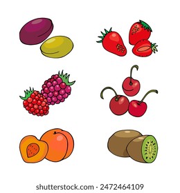 Vector hand drawn illustration of colored berries and fruits in cartoon style. A set of fruits to decorate dishes, fabrics and household items.