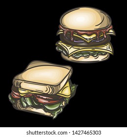 Vector hand drawn illustration of colorful burger and sandwich isolated on black background.