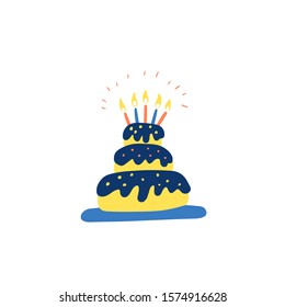 Vector hand drawn illustration of colorful birthday cake with candles. Isolated on white background.
