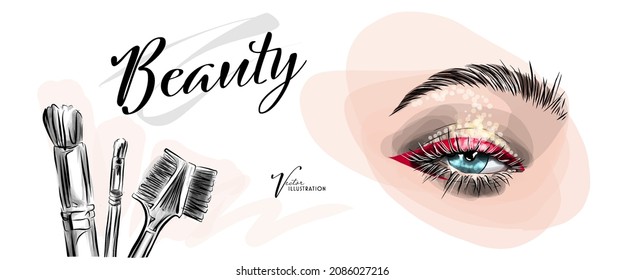 Vector hand drawn illustration of colorful women eye and makeup brushes. Concept for beauty salon, cosmetics label, cosmetology procedures, visage and makeup.