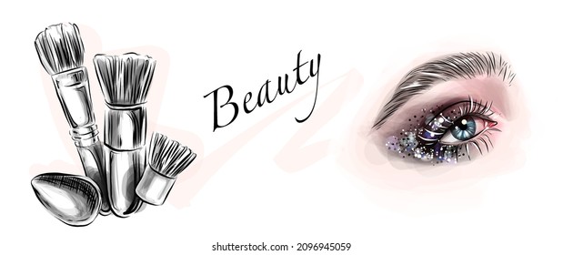 Vector hand drawn illustration of colorful women eye and makeup brushes. Concept for beauty salon, cosmetics label, cosmetology procedures, visage and makeup.
