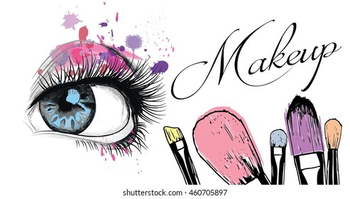 Vector Hand Drawn Illustration Of Colorful Women Eye And Makeup Brushes. Concept For Beauty Salon, Cosmetics Label, Cosmetology Procedures, Visage And Makeup.