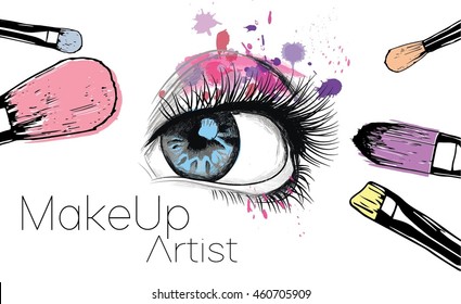 Dibujo manual de vectores de coloridas mujeres pinceles de ojos y maquillaje. Concepto de salón de belleza, etiqueta cosmética, procedimientos cosmetológicos, visaje y maquillaje.