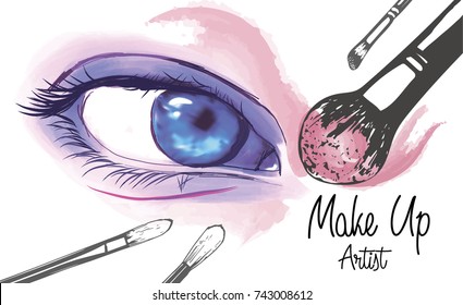 Vector hand drawn illustration of colorful women eye and makeup brushes. Concept for beauty salon, cosmetics label, cosmetology procedures, visage and makeup.